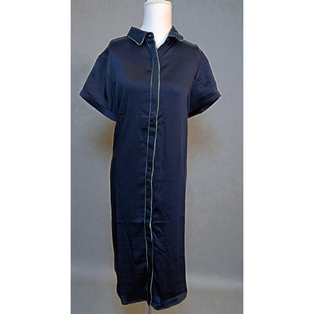 Wildfang The Empower Satin Shirt Dress Navy Blue Green Contrast Trim Medium Mod - Picture 5 of 11
